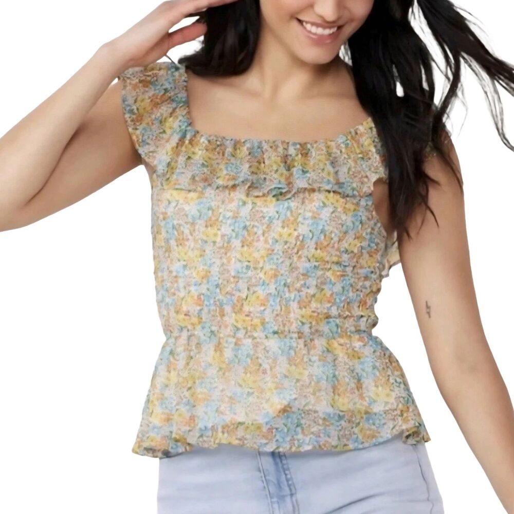 NWT LC Lauren Conrad Womens Cropped Top Size XS Sleeveless Multicolor Ruffle